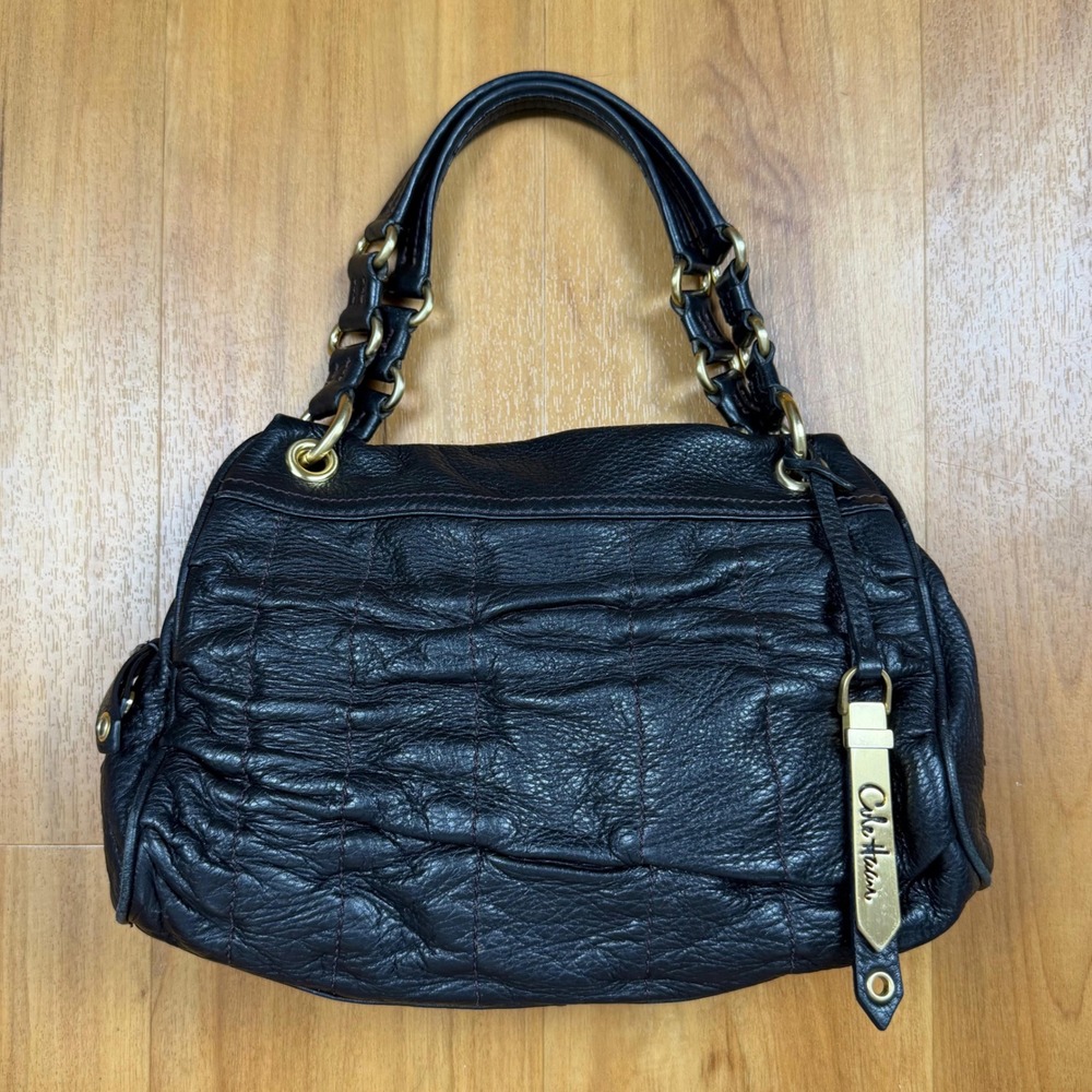 Cole Haan Village Black Pebbled Leather Ruched Satchel Handbag B27111 Gold Tone‎